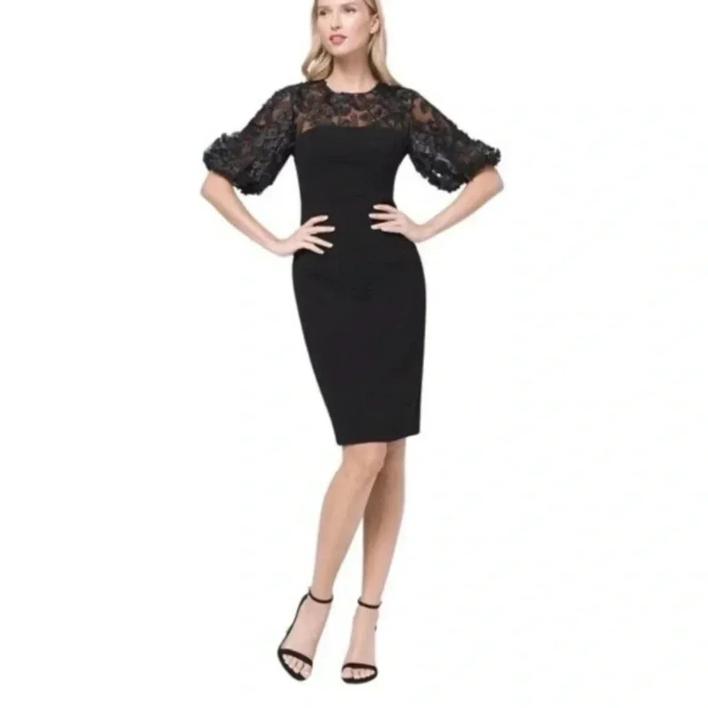 NWT Carmen Marc Valvo x WHBM Floral-Appliqué Black Puff Sleeve Dress Size 8